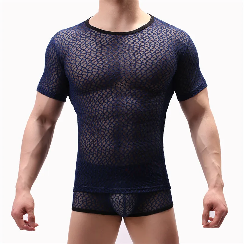 Men's Undershirts See Through Mesh T-Shirt Underwear Sheer Wear Transparent Fishnet Undershirt Tops and Boxers Set Underwear