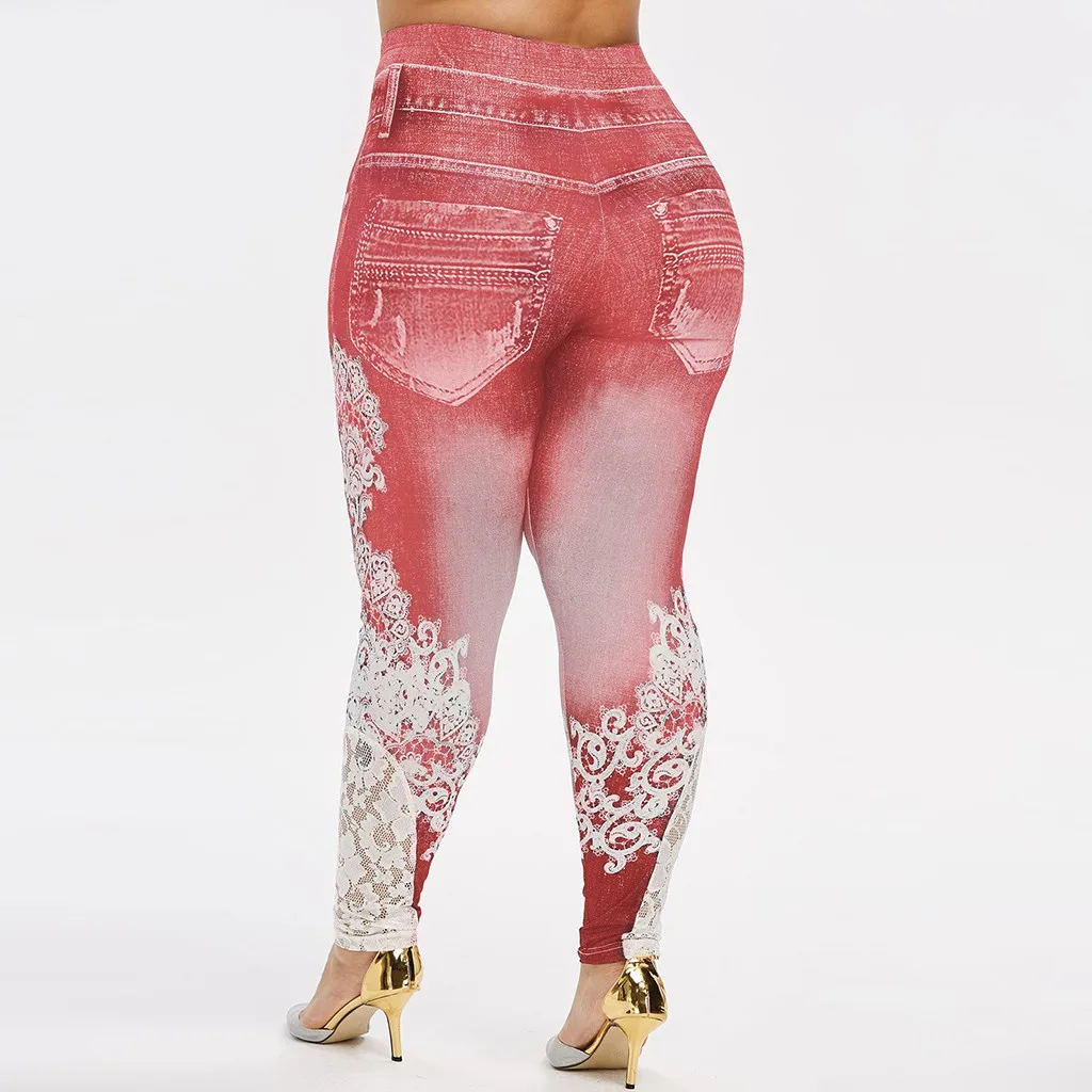 Леггинсы женские джеггинсы имитация джинсы с принтом для спортзала Стрейчевые спортивные узкие Брюки Легинсы большого размера женские тренировочные брюки