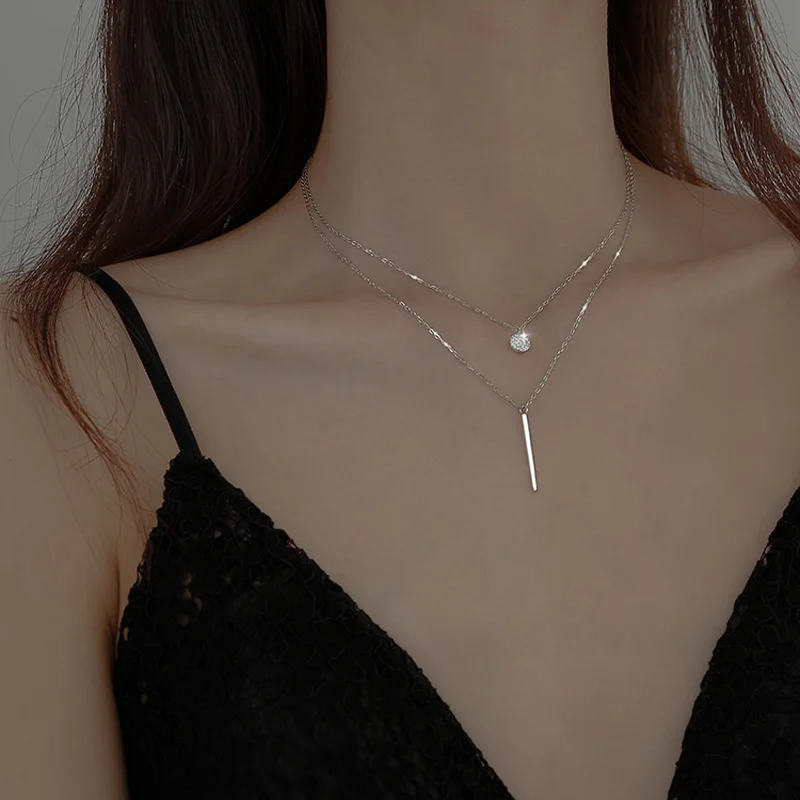 925 스털링 실버 더블 레이어 목걸이, 라운드 샤이니 풀 지르콘 롱 펜던트 목걸이, 여아용 선물, 고급 액세서리 NK062