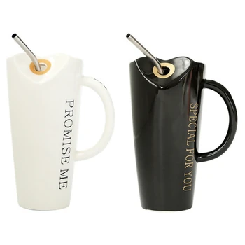 

2pcs Ceramic Cup with Straw Personality Kitchen Coffee Mug Creative Tea Cup Home Office Drinkware - Black & White