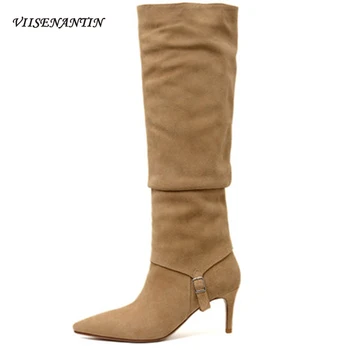 

Long Tube Knee-high Woman Boots Cow Suede Pointed Toe High-heel Slip-On Knight Boots Autumn Winter Sexy Apricot Buckle Pleated