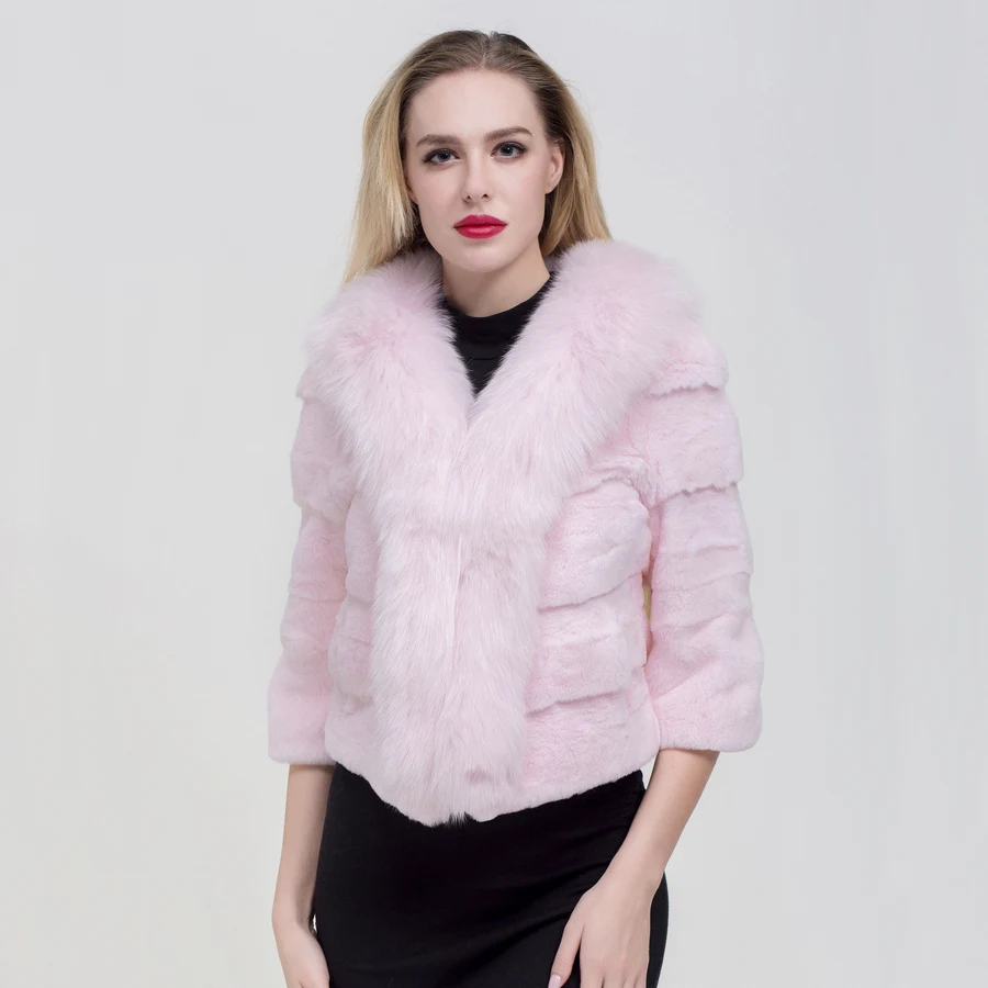 ZDFURS* Новая модная шуба из натурального меха кролика Рекс женская зимняя новая большая шуба из меха лисы с меховым воротником теплая меховая верхняя одежда - Цвет: pink
