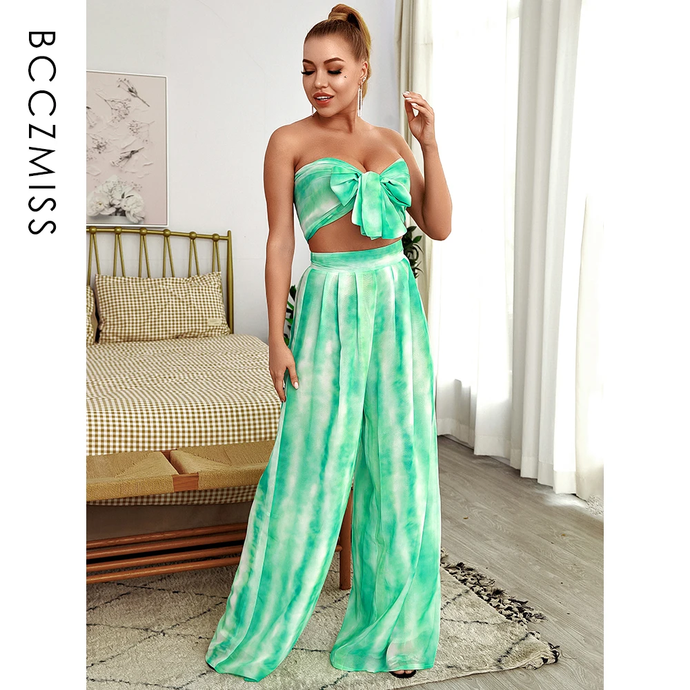 

Emerald Green Flared Pants Sets Women Tie-Dye Changeable Straps Casual Two Pieces Sleeveless High Waist Party Lady Bow BCCZMISS