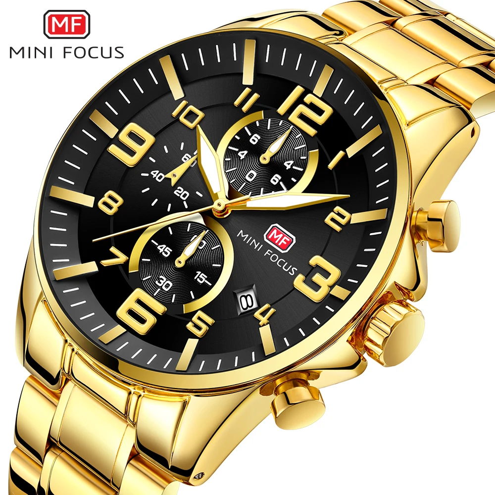 

Gold Watch Men Three Eye Gold Stainless Steel Quartz Night Light Business Waterproof Automatic Date Relogio Masculino