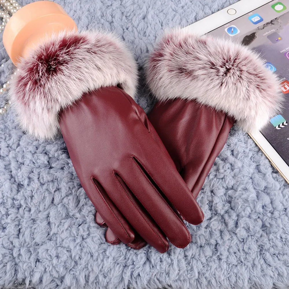 Перчатки с сенсорным экраном из искусственной кожи женские перчатки водонепроницаемые с искусственным кроличьим мехом толстые теплые весенне-зимние перчатки рождественские подарки YA
