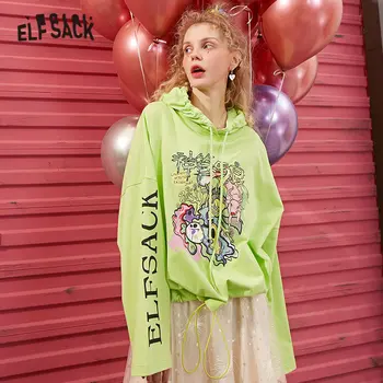 

ELFSACK Green Funny Graphic Print Loose Casual Women Hoodies Sweatshirts 2020 Spring White Letter Long Sleeve Ladies Korean Tops