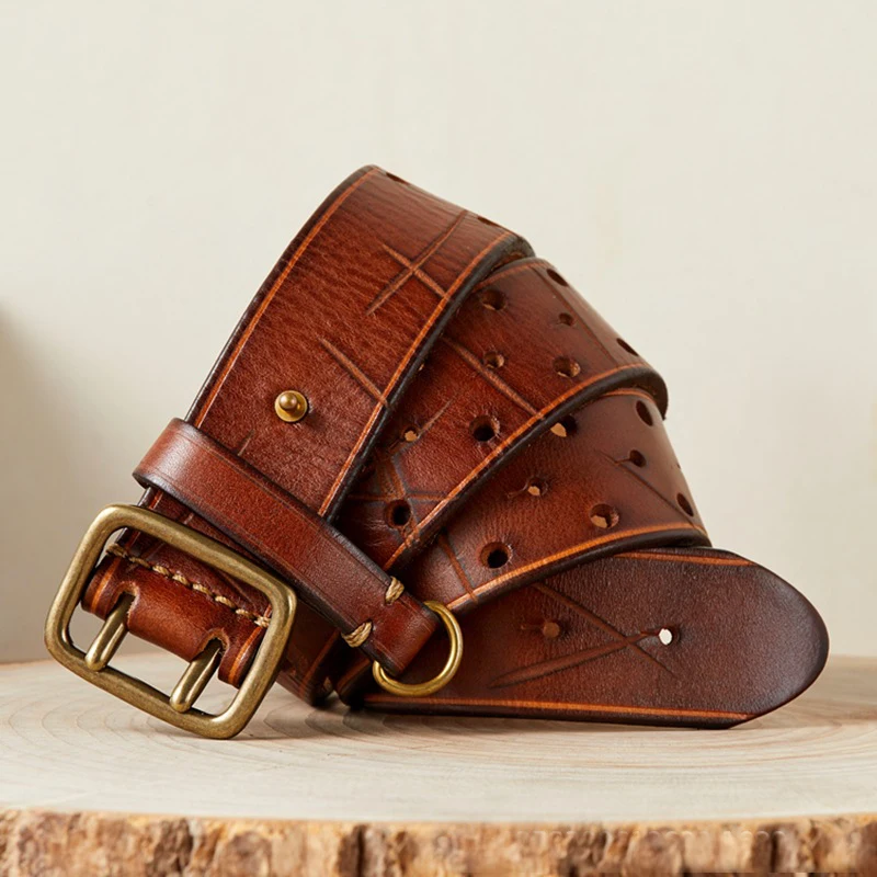 Luxury Thick Cowhid Genuine Leather Men Belt Double Buckle Belt for Jeans