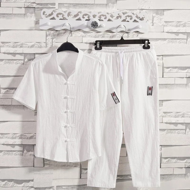 

2019 Summer New Style Cotton Linen Set Men's Chinese-style Flax Frog Cardigan Short-sleeved Shirt Capri Pants Two-Piece Set