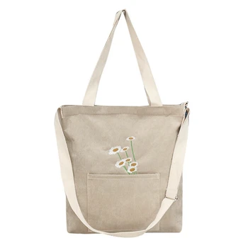 

Ladies Corduroy Shoulder Bag Ladies Handbag Foldable Shopping Bag Embroidery Women Handbag Crossbody Bag(Beige+White)