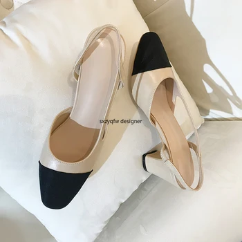 

Mixed Colors Black Toe Back Strap Slip on Women Sandals High Square Heel Slingback Pumps Ladies Casual Leather Shoes Classic New