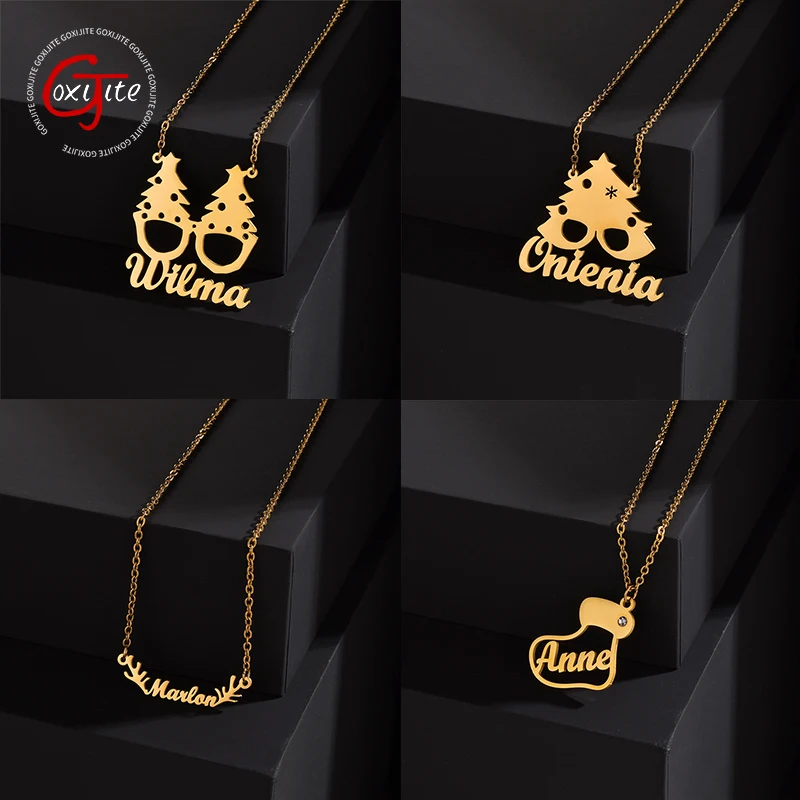

Goxijite Custom Stainless Steel Women Kids Name Necklace Personalized Christmas Series Letter Nameplate Necklaces Jewelry Gift