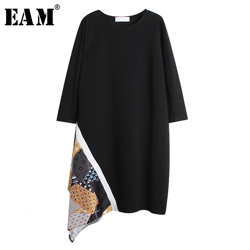 

[EAM] Women Black Spliced Print Hit Color Asymmetric Dress New Round Neck Long Sleeve Loose Fit Fashion Tide Spring Autumn 2019