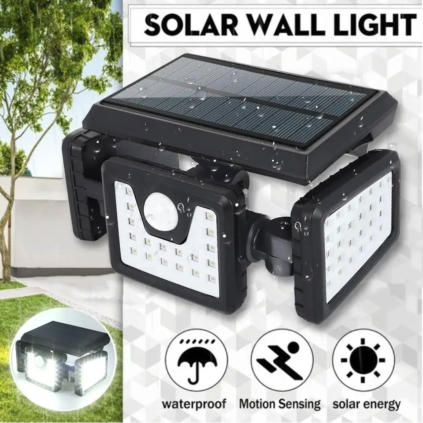

Motion Sensor Spotlight 3 Heads Street Lamp Waterproof PIR Wall Light Foldable Solar Powered Outdoor Garden Rotatable