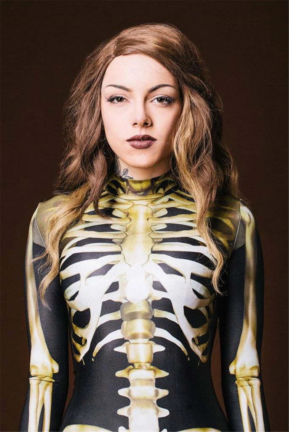 Halloween Cosplay Jumpsuit with Golden Skeleton Print