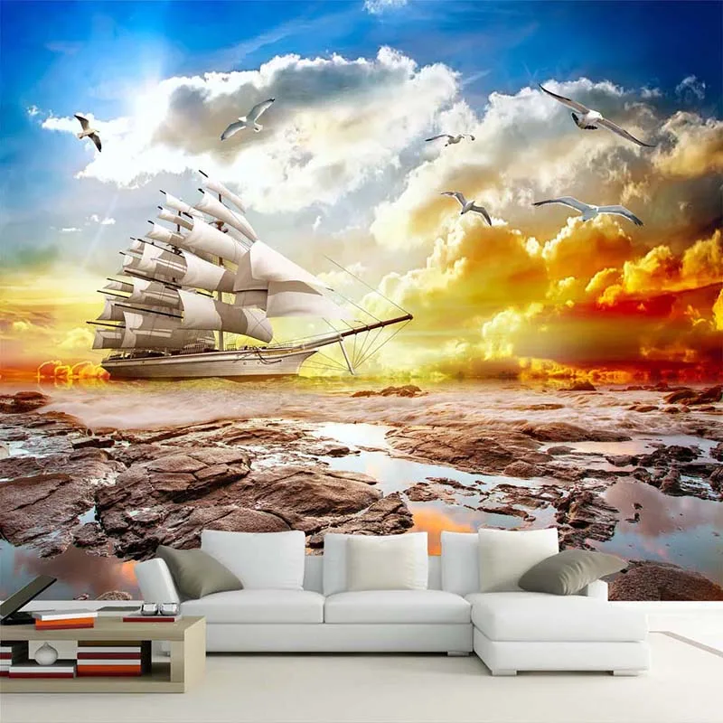 

Drop Shipping Custom 3D Wall Mural Wallpaper Smooth Sailing Sunset Scenery Sailboat Photo Background Wall Papers Home Decor