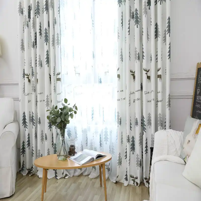 Blackout Curtain For Living Room Pine Trees And Deer Printed