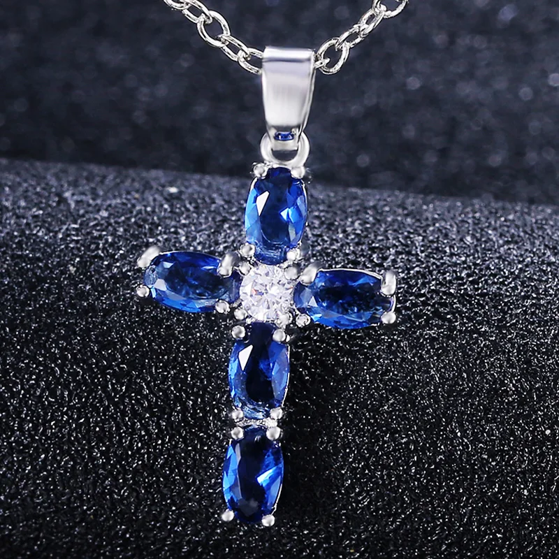 Huitan Fashion Oval Blue Stone Cross Pendent Delicate Women Necklace Daily Wear Anniversary Christmas Gift High Quality Jewelry