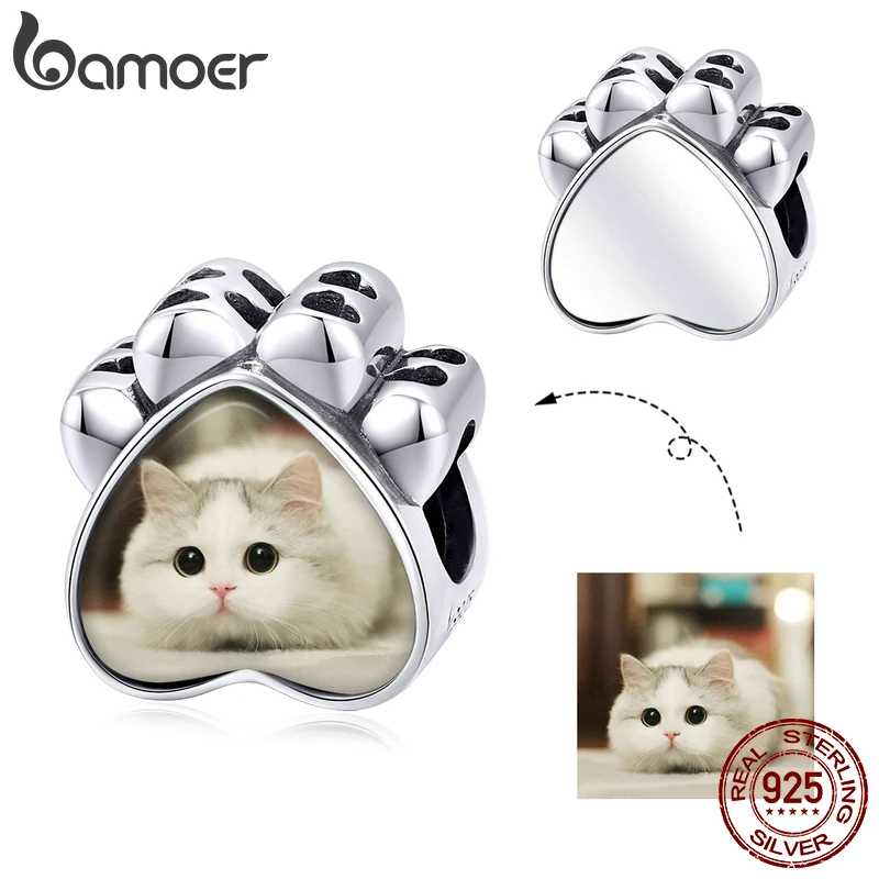 

bamoer Customized DIY Beads Custom Photo Charm for Bracelet & Bangle 925 Sterling Silver Paw Beads Memory Jewelry SCC1436