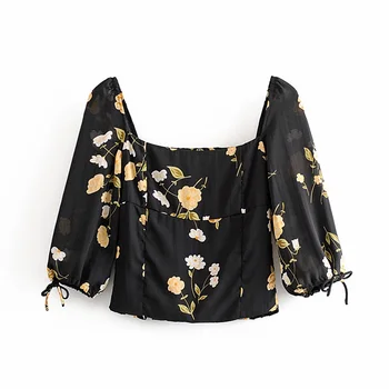 

2020 Spring Women's New French Retro Print Party Leader Mouth Drawstring Lace Cap Sleeve Floral Print Casual Wild Shirt