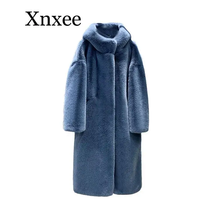 Winter Coat Real Teddy Fur Coats Women Beige Long Sleeve Fur Jackets Women clothing  Elegant Solid Pockets Longer Female Ladies
