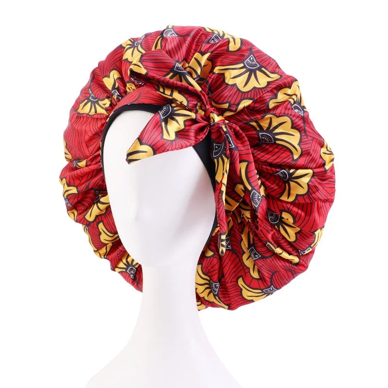Extra Large African Pattern Print Satin Bonnet Women Night Sleep Cap Adjustable Wide Band Elastic Head Wrap Hair Bonnet Hat