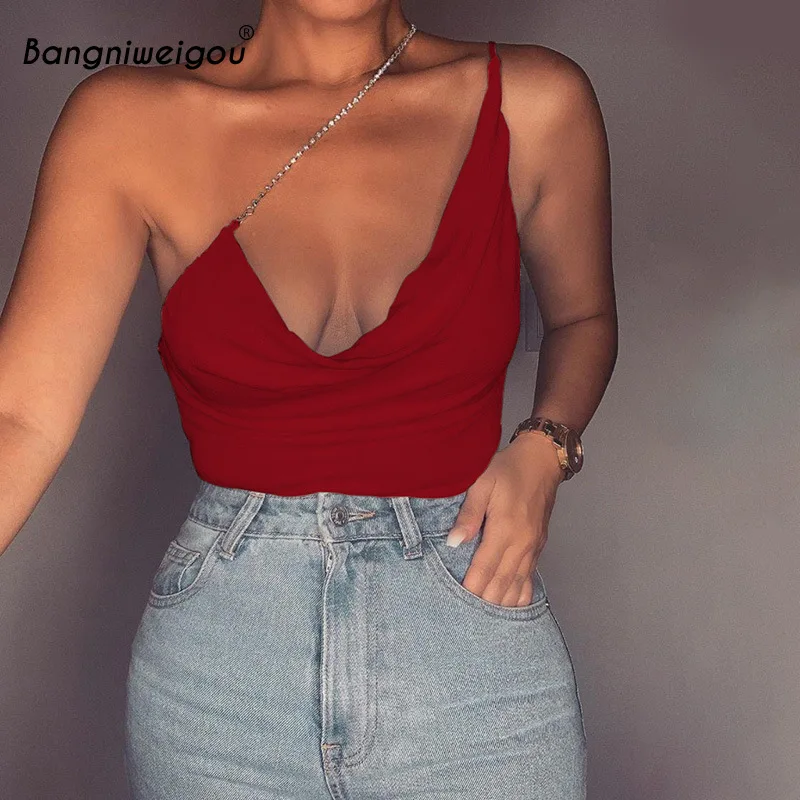 

Bangniweigou Sexy Chain Straps Draped Cami Top Women Backless Ruched Bodycon Tops Solid Red Pink Club Dating Tank Top