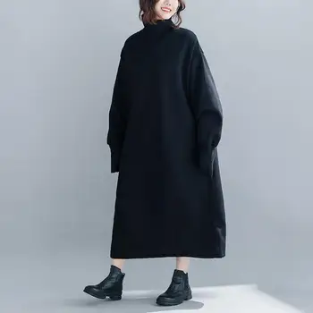 

Winter Fall Women Solid Turtleneck Midi Dress Loose Lantern Sleeve Dress Pockets Plus Size Dress Vestidios