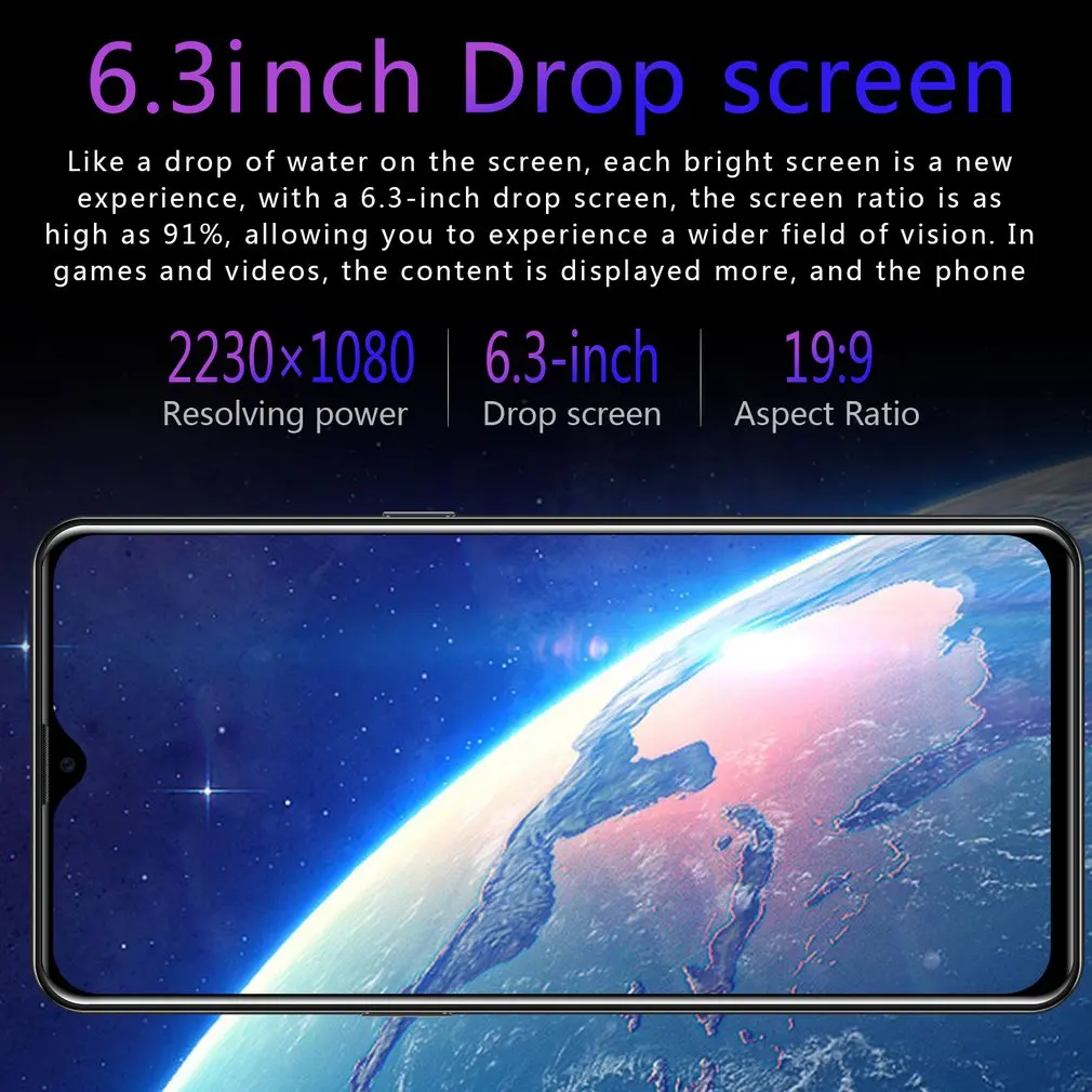 32 Гб мобильный телефон Android 6,3 дюймов дисплей капли воды Тройная камера отпечатков пальцев Лицо Id смартфон