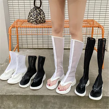 

Summer Fashion Breathable Mesh Women's Cool Boots Sexy Peep Toe Knee high tube Female Clip Toe Sandals White Zapatos De Mujer