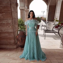 Арабские кафтаны Мятные перья вечерние платья Формальные с открытыми плечами вечерние платья Дубай исламское кружевное длинное платье для выпускного вечера Vestido