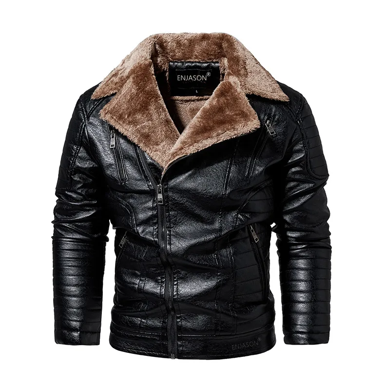 Pu Leather Coat Winter Men Leather Jacket Vintage Motorcycle 2021 Fur Lined Lapel Outwear Faux Leather Fashion Warm Mens Jackets genuine leather jacket mens Casual Faux Leather
