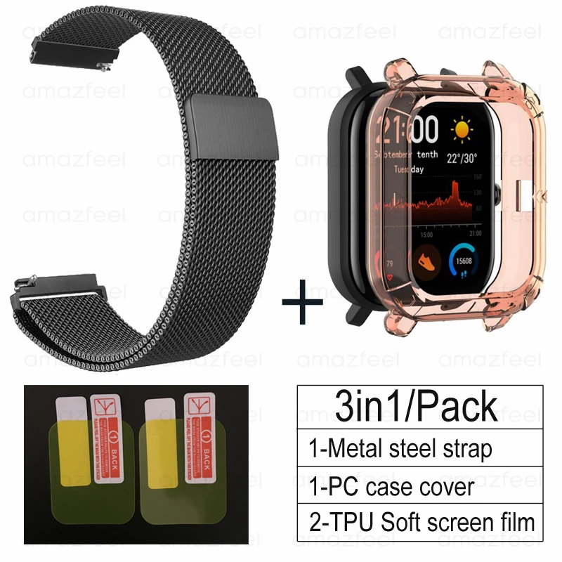 3в1 Для Amazfit GTS ремешок+ ТПУ чехол для Huami Amazfit gts Smartwatch Защитная пленка для экрана браслет ремешок на запястье - Цвет: black-pink