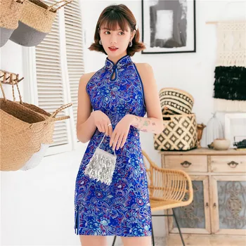 

Blue Women Qipao Printed Flowear Satin Classic Cheongsam Dress Sexy Sleeveless Tight Evening Party Gown Slim Mini Lady Vestidos