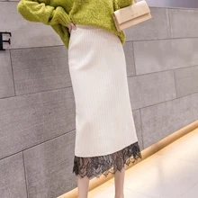 Корейские вязаные юбки женские Осень кружевная плиссированная юбка с высокой талией вязаные длинные юбки для женщин женская зимняя одежда