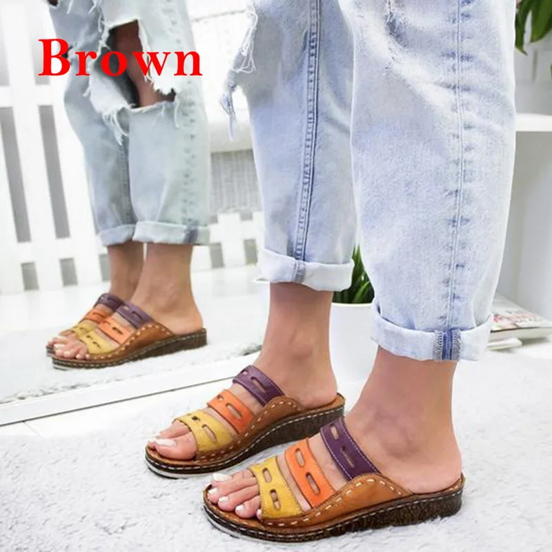 Женские босоножки; 3 цвета; босоножки с вышивкой; Летняя женская повседневная обувь с открытым носком; женская пляжная обувь на платформе - Цвет: A brown