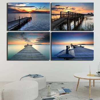 

YUMEART Sunset Cloud Sea View Wooden Bridge and Birds Seaside Landscape Poster Prints Canvas Art Wall Painting Living Room Decal