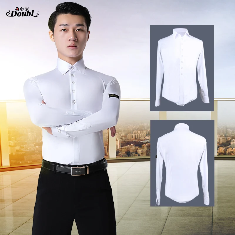 

DOUBL Dance Men Latin Ballroom Shirt Male Workout Adult Ballroom Competition White BODY button Dance Stage Performance Clothes