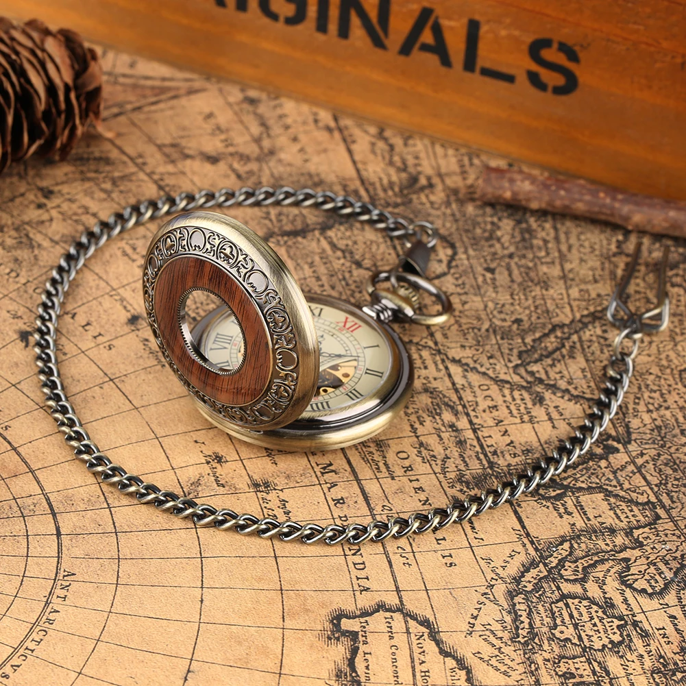 Vintage Wood Mechanical Pocket Watch Roman Numerals Creative Carving Flower Dial Wooden Watches Pendant Chain Gifts for Husband