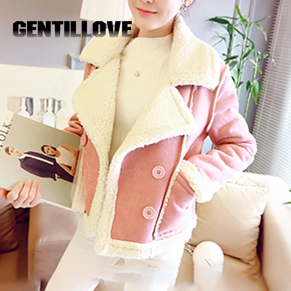

Faux Fur Sheepskin Coat Women Leather Thick Suede Down Jacket Female Autumn Winter Lambs Wool Short Motorcycle Coats Parkas 2019
