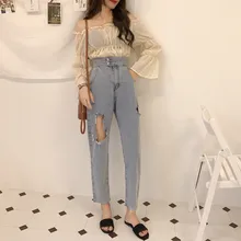 Супер Горячие Отверстия Свободные Высокая талия широкие ноги маленькие ноги джинсы Харлан брюки для женщин