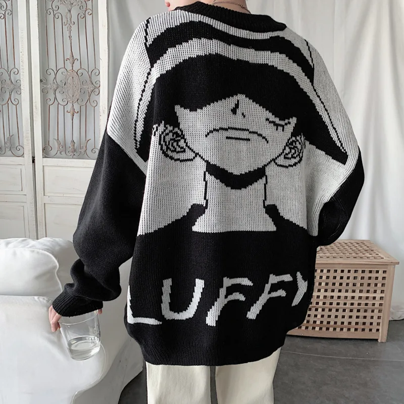 Suéter de una pieza de Anime japonés, ropa de punto de dibujos animados luffy, Tops bonitos de moda, jerséis en blanco y negro