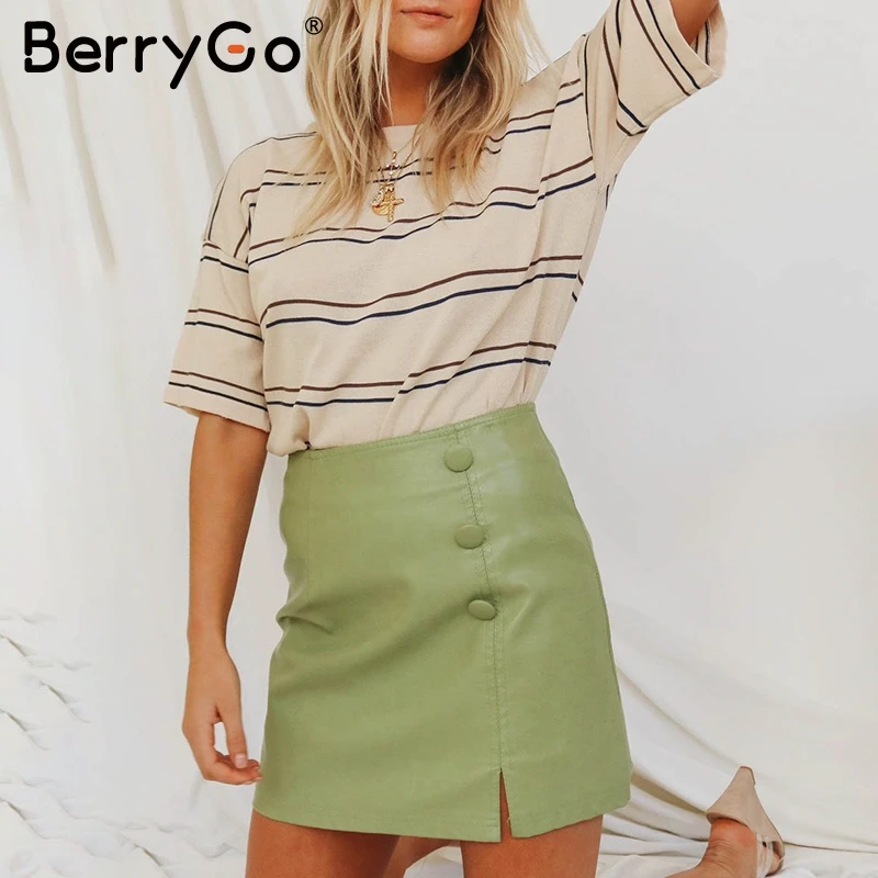 BerryGo, трапециевидные юбки из искусственной кожи, Женская осенне-зимняя короткая женская юбка с высокой талией и пуговицами, модные женские юбки размера плюс с разрезом