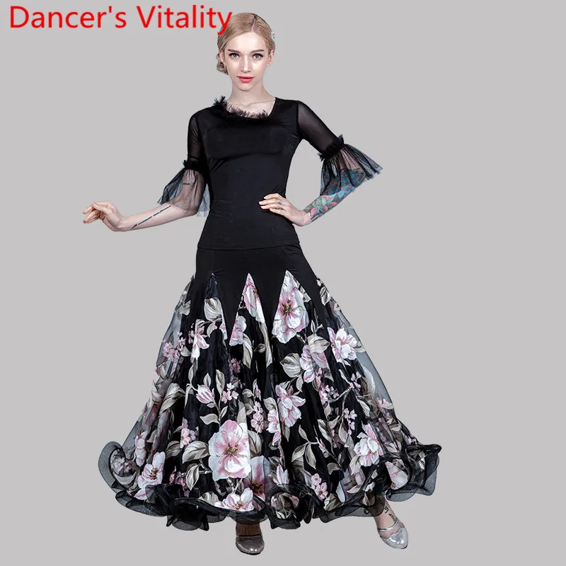 

Women Modern Dance Wear Cut out Flared Sleeve Top Fishbone Skirt Modern Ballroom National Standard Waltz Dancing Clothes