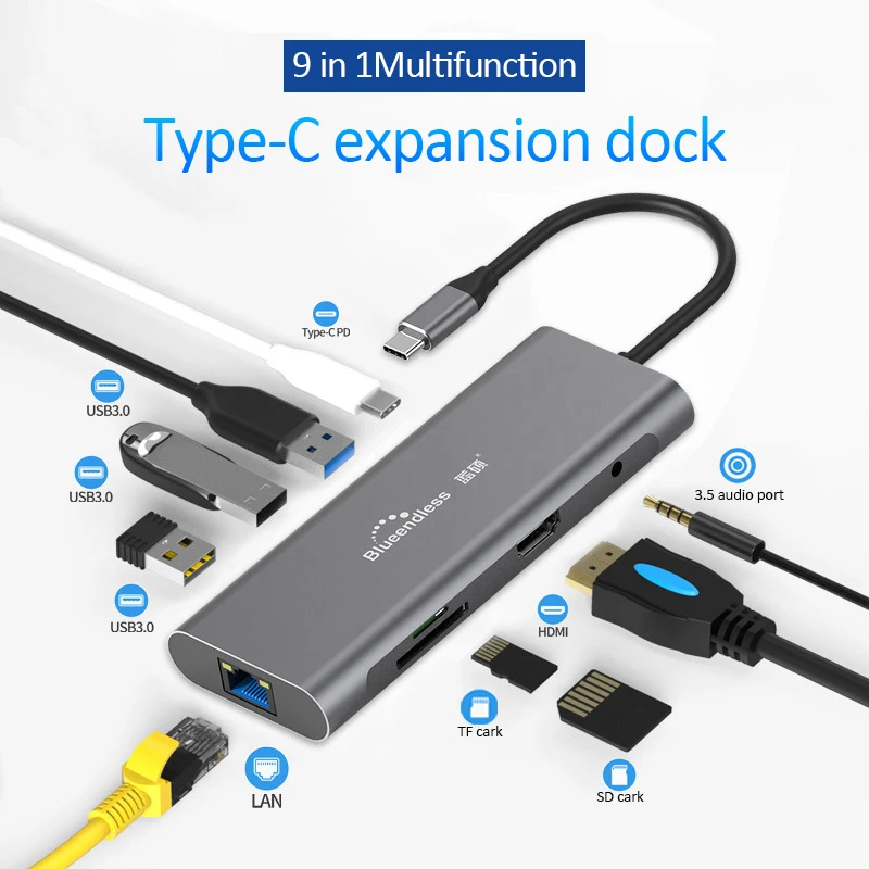 9 In 1 9 в 1 type C USB C док-станция для ноутбука USB 3,0 HDMI RJ45 Gigabit PD Fealushon для MacBook samsung type C док-станция usb-хаб - Цвет: 9 In 1