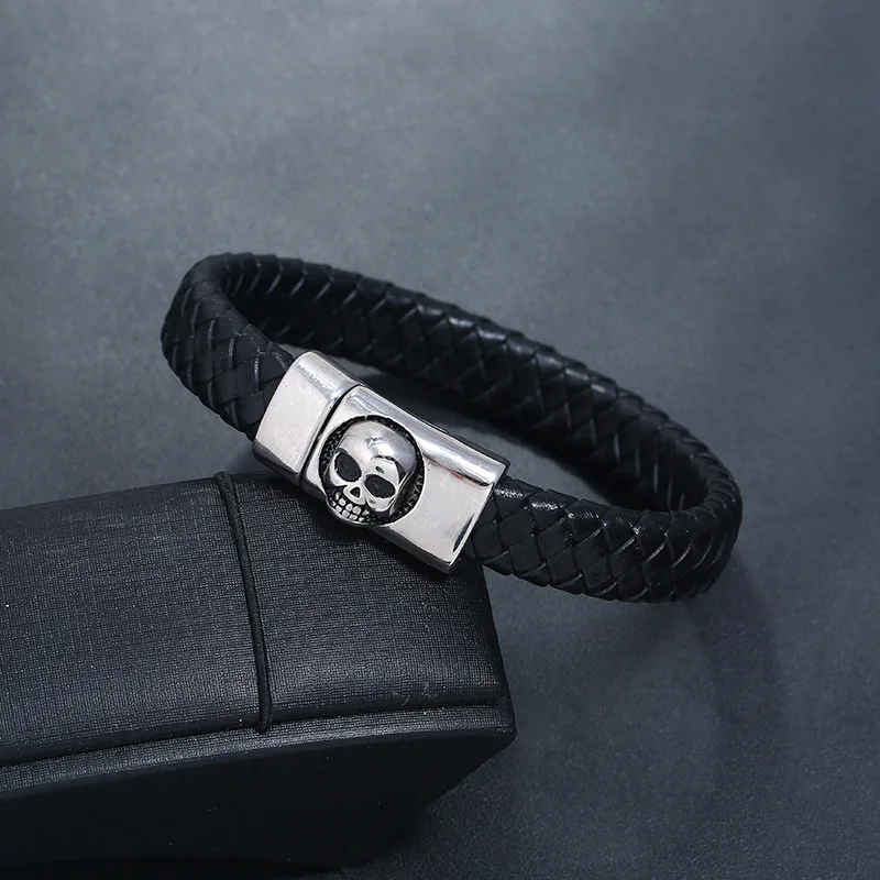 

Men Jewelry Braided Brown Black Leather Bracelets for Male Skull Titanium Steel Magnet Fashion Bangles