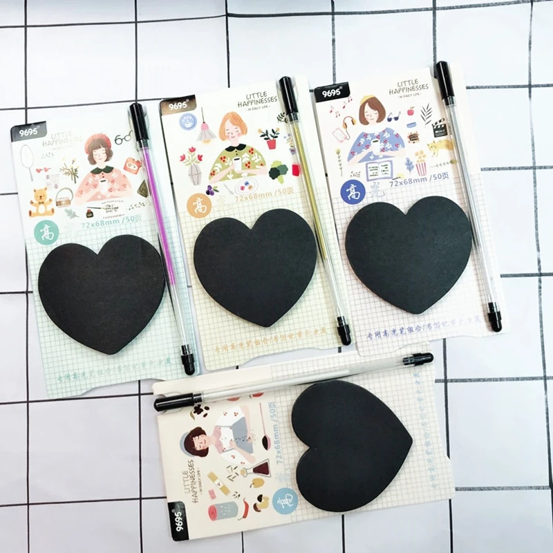 

Black Sticky Notes with Fluorescent Pen Set Kawaii Stationery Sticky Notes Cute Planner Stickers Memo Pad School Supplies