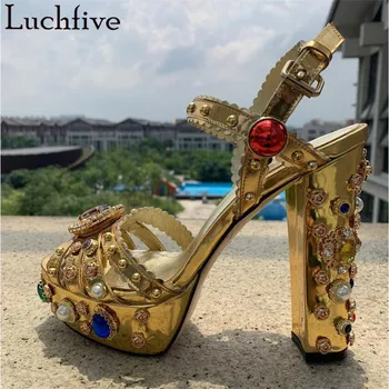 

Luxury Crystals Sandals Women Chunky High Heel Shoes Woman Sexy Peep Toe Platform Shoes For Women Gold Party Zapatos De Mujer