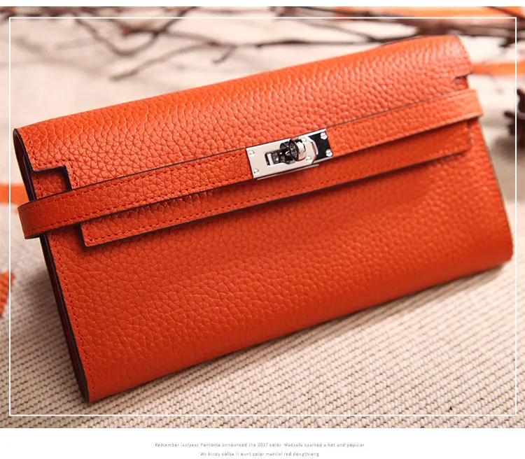 

First layer cowhide European and American lychee pattern clutch bag ladies leather long wallet wallet