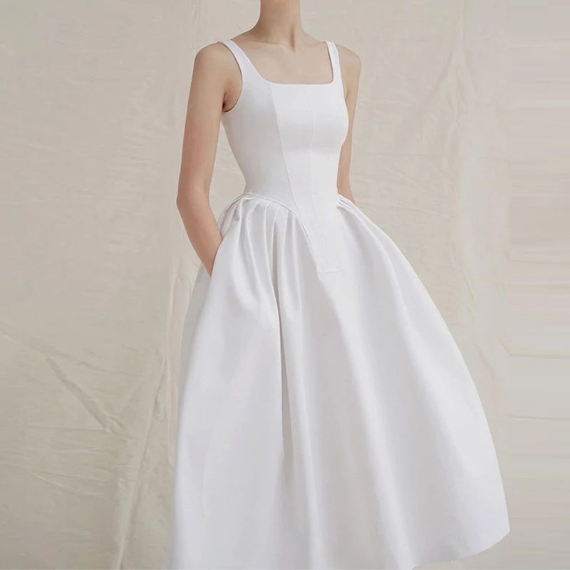 

Women White Strap Midi Summer Dress Sleeveless High Waist Tunic Ball Gown Slip Dress