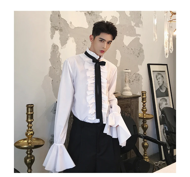 40% хлопковая рубашка Ретро Ruffleshirt мужская белая свадебная рубашка с расклешенными рукавами королевская дизайнерская рубашка в готическом стиле Мужская сорочка Homme